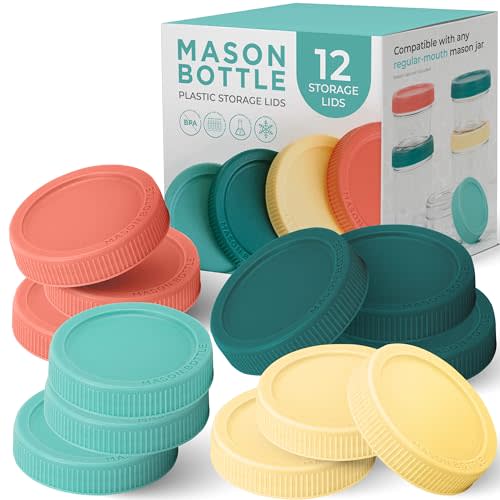 Mason Bottle Plastic Storage Lids (12-Pack) – Fits Regular-Mouth Mason Jars – Silicone Inner Seal, Rust-Proof, BPA-Free, Made in USA (Jar Not Included)