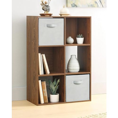 Whitmor 6 Cube Bookcase Storage Organizer, 3 Tier Stackable MDF Bookshelf, Open Storage Display Shelf, Storage Cabinet for Living Room, Bedroom, Home, Office, 23.9" L x 11.7" W x 35.5" H, Walnut
