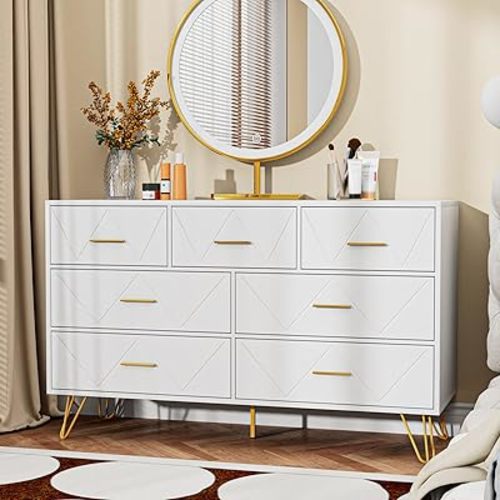 JOZZBY White Dresser for Bedroom, 7 Drawer Wooden Dresser with Gold Handles, Modern Storage Dressers & Chests of Drawers for Hallway, Entryway