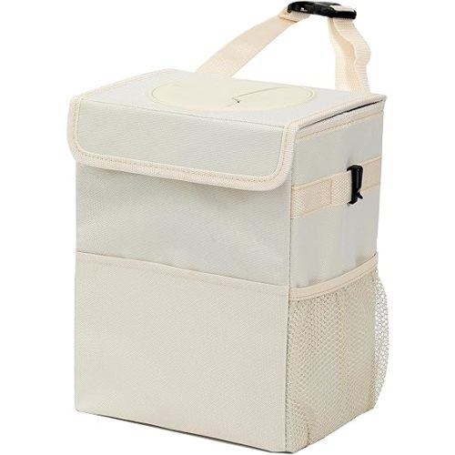 Car garbage can with lid Leak Proof Vehicle Trash Can 3 Storage Pockets Hanging Waterproof car trash bag for suv beige