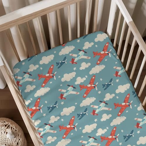 Cartoon Aircraft Planes Clouds Pattern Baby Sheets for Crib, Unisex Plane Theme Transportation Nursery Fitted Bed Sheet for Boys Girls Standard Crib and Toddler Mattress-28x52