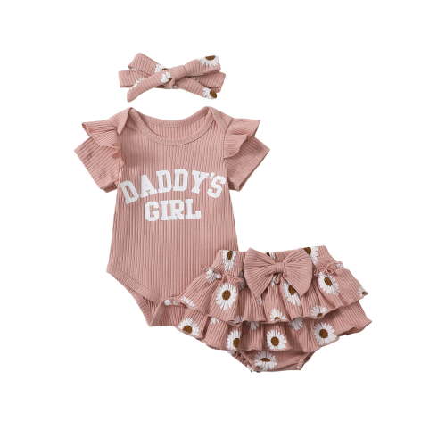 BemeyourBBs Newborn Baby Girls Summer Clothes Baby Girls Daddy's Girl Outfit 0 3 6 12 18 Months Letters Print Short Sleeve Ribbed Romper Floral Ruffled Shorts Set Hairband