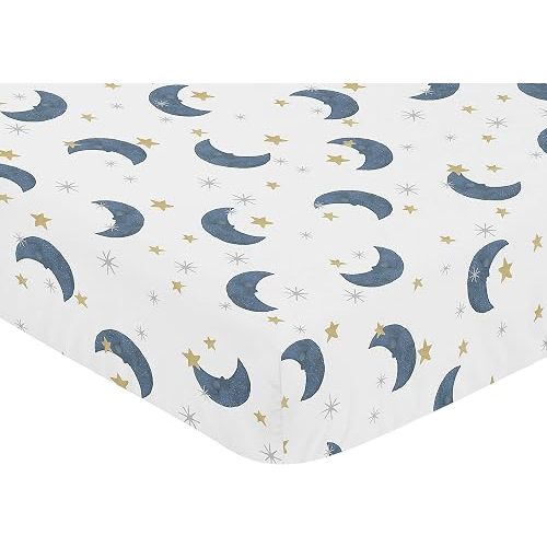 Sweet Jojo Designs Fitted Baby Crib Sheets (Moon and Star) for Boys or Girls, Infant Nursery, Toddler Room - Standard Size (Watercolor, Celestial, Sky, Navy Blue and Gold Moons and Stars)