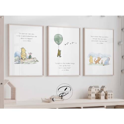 Classic Winnie the Pooh set of 3 quotes. Gender Neutral Nursery prints, Winnie-the-Pooh and friends inspirational quotes, Sage Green nursery