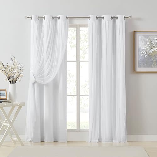 Bujasso White Full Blackout Curtain Panels with Sheer Overlay Mix and Match Double Layer Thermal Insulated Window Treatment Set for Living Room White Drapes with Tiebacks Grommet Top 37" Wx95 Lx2