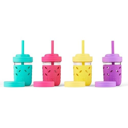Elk and Friends Kids & Toddler Cups | The Original Glass Mason jars 8 oz with Silicone Sleeves & Silicone Straws with Stoppers | Smoothie Cups | Spill Proof Sippy Cups for Toddlers