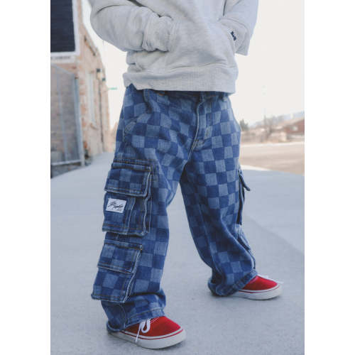 6-12M - Little Trouble Checkered Baggy Jeans Blue