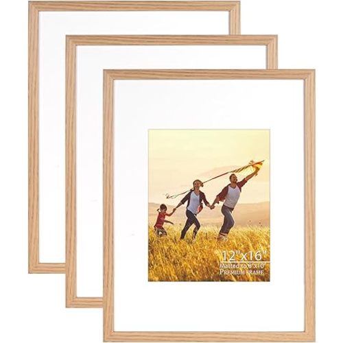 Veelot® 3x - 12x16 Picture Frame with Shatter-Resistant HD Plexiglass - as 8x10 Frame with Mat or Display 12x16 Photo Without Mat - Picture Frames for Wall - Natural Oak