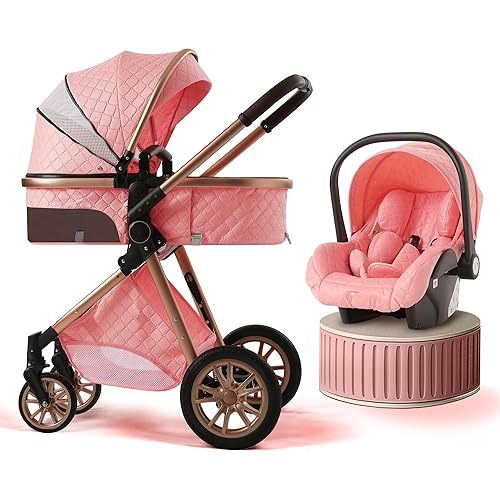 3 in 1 Baby Stroller with Bassinet Reversible Portable Standard Baby Stroller Convertible Pushchair Infant Buggy Baby Carriage Foldable High Landscape Pram for Toddler Newborn (Without Base Pink)