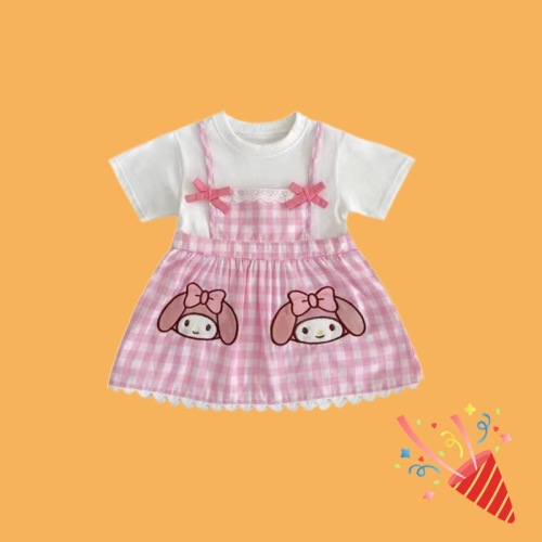 Summer Sanrio Children Clothing Baby Girl Cartoon Hello Kitty Dress for Girls Strap Short Sleeved Plaid Skirt Kid Princess Dress