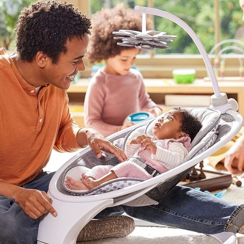 Munchkin® Bluetooth Enabled Lightweight Baby Swing with Natural Sway in 5 Ranges of Motion and Baby Bloom™ High-Contrast Infant Mobile - Swing + Mobile