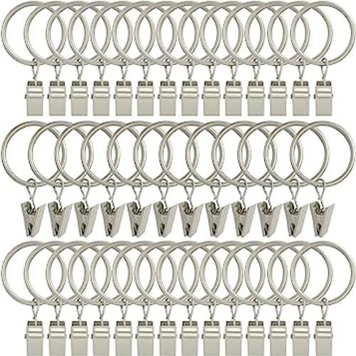 AMZSEVEN 40 Pack Curtain Rings with Clips, Drapery Clips with Rings, Drapes Rings 1.26 in Interior Diameter, Fits up to 1 in Curtain Rod, Matte Silver