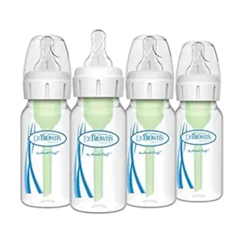 Dr. Brown's Natural Flow Anti-Colic Options+ Narrow Baby Bottle, 4 oz/120 mL, with Level 1 Slow Flow Nipple, 0m+, 4 Pack