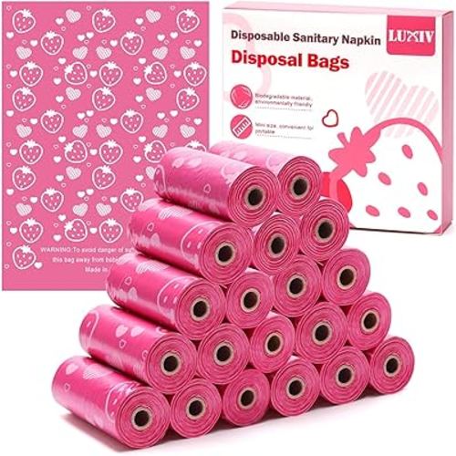 300P Sanitary Napkin Disposal Bags, Luxiv Disposable Sanitary Bags Rolls Personal Care Disposal Bag for Diapers, Tampons, Pad Period Bag Disposal Feminine Hygiene Products Bags with Scent (Pink)
