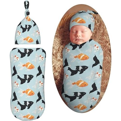 Cute Black Goldfish Newborn Swaddle Blankets Hat Sets Soft Baby Receiving Blanket Swaddle Sack for Baby Shower Infant Boy Girl Gift