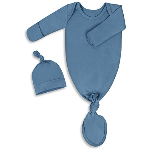 Baby Newborn Knotted Gown 0-6 Months, Super Soft Infant Long Sleeve Sleepwear for Girl and Boy, Baby Coming Home Hospital Outfit with Hat Set Blue