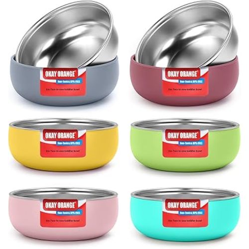 Non-Toxic Toddler Bowls with Non-Slip Base | Stainless Steel Baby Bowls for Kids | 5 Inch BPA-Free Dishwasher Safe Bowls | Mess-Free Feeding Supplies | 6-Pack Set