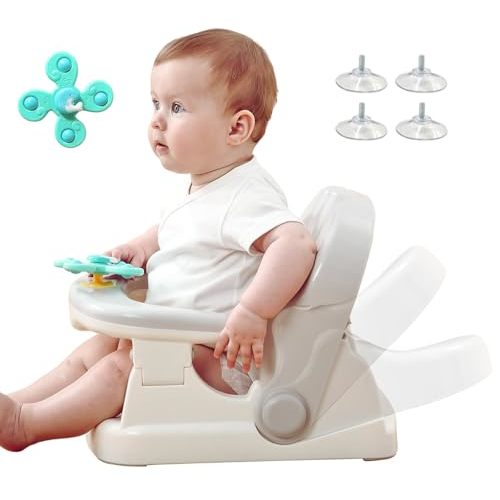 Cuddobaby Baby Bath Seat 3-in-1 【360° Protection Against Side Tipping, 3-Level Adjustable】 ASTM Approved Safety, Detachable Arm, Sitting Up or Lying, Strong Suction, Fit for Flat Surfaces - Gray