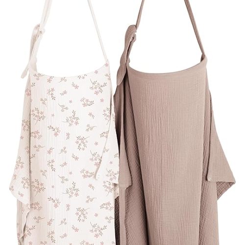 Konssy 2-Pack Muslin Nursing Cover Up for Breastfeeding Moms with Rigid Hoop, 100% Cotton, Lightweight & Breathable Breastfeeding Cover, Adjustable & Comfort