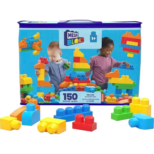 MEGA BLOKS First Builders Toddler Blocks Toys Set, Deluxe Building Bag with 150 Pieces and Storage, Blue, Ages 1+ Years