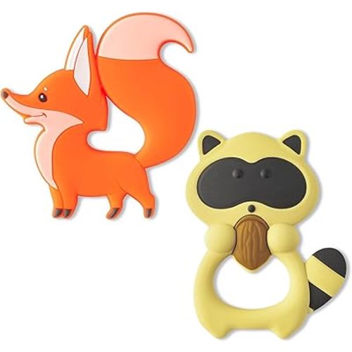 Baby Raccoon Fox Silicone Teether for 0-6 Months - 2ooya 2Pcs Cute Soothe Teething Infant Chew Toys Toddler Sore Gums Pain Relief Toy for Easy to Grasp Baby Shower Birthday Gifts for boy and Girl