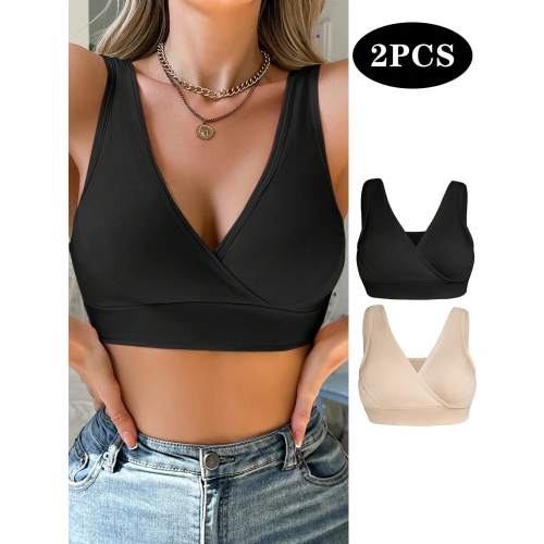 Moonlight&Mama 2pcs Maternity V-Neck Crossover Casual Bras, Solid Color Without Padding Maternity