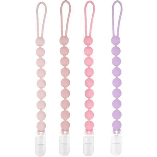 MINMUNJIU Silicone Pacifier Clip Holder, 4 Pack One Piece Soft Flexible Binky Clips Pacifier Holder Clip for Girls, Baby Girl Newborn Essentials