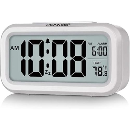Peakeep Night Light Digital Alarm Clock Battery Operated with Indoor Temperature, Desk Small Clock (White)