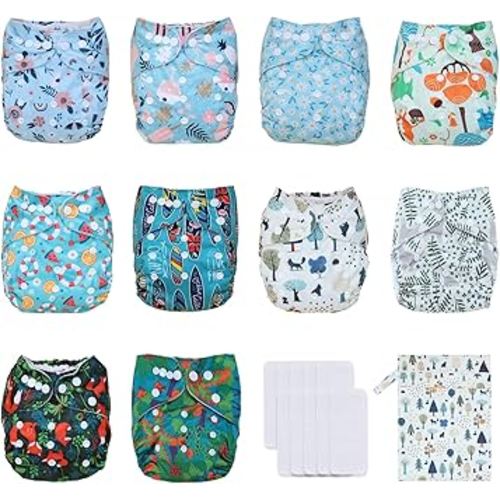 Baby Cloth Diapers Washable Reusable One Size Adjustable for Baby 10 Pack with 10 Pcs Microfiber Inserts, 1 Wet Bag