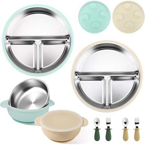 Mity rain Stainless Steel & Silicone Toddler Plates and Bowls Set with Suction,10-Piece Suction Plates & Bowls for Toddler,Removable Shell,Silicones Baby Plates for Independent Eating.