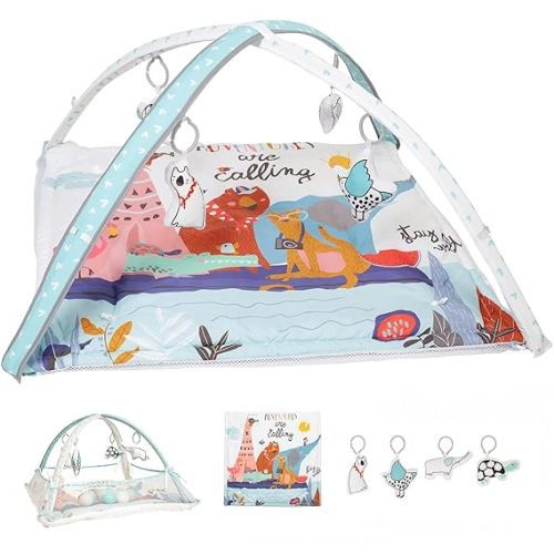 LADIDA Baby Activity Gym, Play Gym with Ball Pit, 3 Stage Play Gym Padded Tummy Time Mat with STEM Based Toys for Sensory and Motor Skill Development, Newborn to Toddler(Include 10 Balls) - Animal Adventures