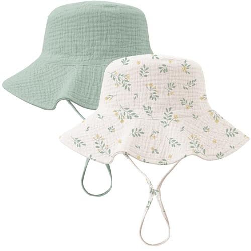 Konssy 2 Pack Muslin Baby Sun Hat UPF 50+ Sun Protection Baby Bucket Hat Summer Beach Hats with Wide Brim for Boys & Girls