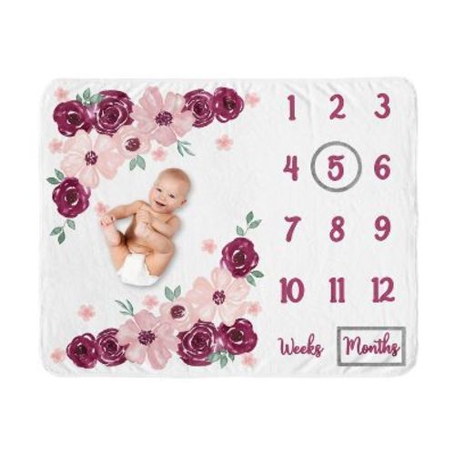 Sweet Jojo Designs Girl Baby Milestone Blanket Watercolor Floral Red Pink and Grey