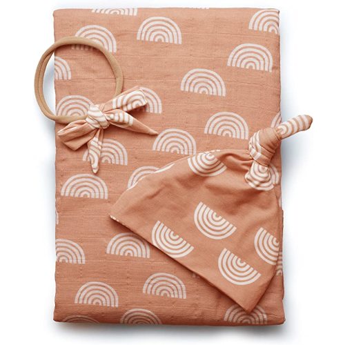 Miaoberry 100% Organic Cotton Muslin Baby Swaddle Blanket Set | Caramel Rainbow| Newborn Girl Unisex Neutral| Boho Vintage Rainbow Baby| Matching Hat Bow |