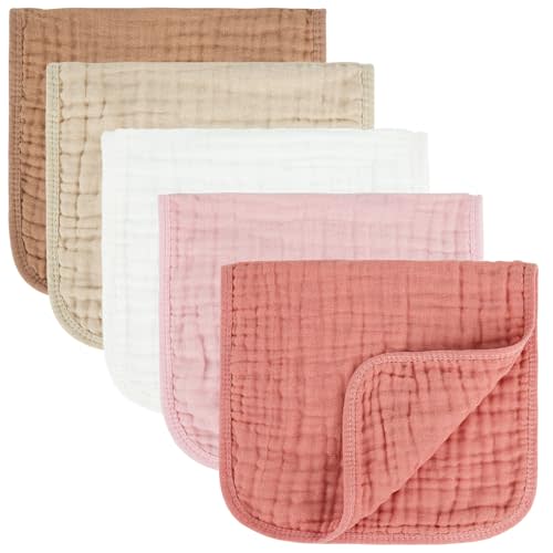 MIGIOL Baby Burp Cloth 100% Cotton Newborn Cotton Muslin Burp Cloth 10x20 inches (Pink & Coffee 5 Pieces)