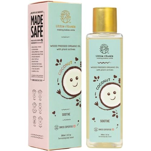 COCONUT BABY MASSAGE OIL Certified Organic, Wood Cold-Pressed for Skin and Hair with SWISS Plant Actives. Dermatologist Tested by Pediatrics, Mild & Gentle & Safe (100 ML)