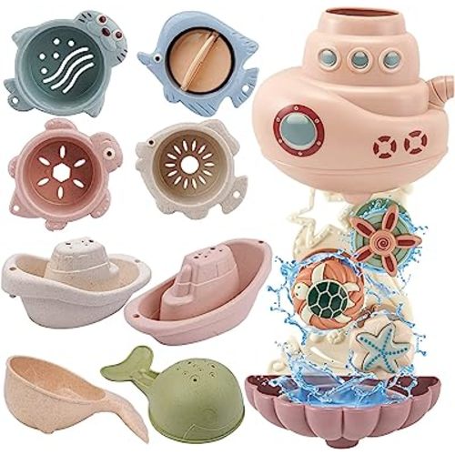 Toddler Bath Toys for Kids Ages 1-3 | 9PCS Bathtub Mold Free Bath Toy for Babies | Infants Bath tub Toys with 2 Shark Shower & 2 Toy Boats & 4 Baby Cup | Water Table Bath Toys for Babies 6-12 Months