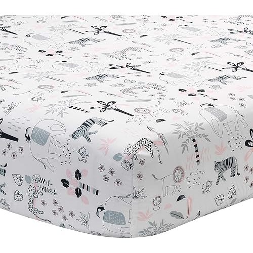 Lambs & Ivy Happy Jungle 100% Cotton Safari Animals Fitted Crib Sheet - White