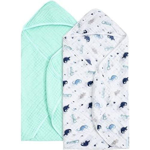 david's kids 2 Pack Hooded Baby Towels, 100% Muslin Cotton Baby Bath Towels, Ultra Soft Breathable Absorbent Towels for Infant Toddler and Kids, Newborn Essentials, Large 32x32Inch, Dinosaur