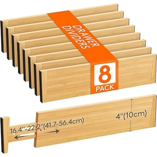 Lifewit 8 Pack Drawer Dividers Bamboo 4" High, 16-22" Adjustable Drawer Organizers for Clothes, Expandable Dresser Separators in Bedroom/Bathroom/Kitchen/Fridge/Office Organization and Storage