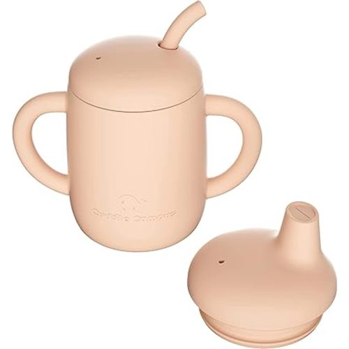 Cuddle Campus Sippy Cups 7OZ, [4 in 1] Baby Cups, Shatterproof Silicone Straw Cup,Open Cup for 6M, 6M+,6-12 Months,1/1+ Year Old Baby,Toddler (Peach Fuzz+buttercream, 7 OZ(1 Cup+2 Lids))