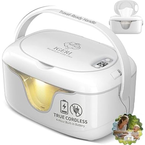 Portable Baby Wipe Warmer - Cordless Rechargeable Wet Wipes Dispenser for Travel Battery Operated with Nightlight Temperature Control for On the Go