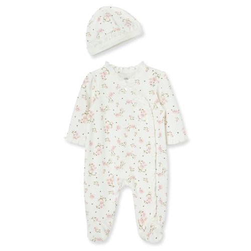 Little Me Clothes for Baby Girls 100% Cotton Scratch-Free Tag Footed One-Piece Romper and Hat Sleeper Set Preemie to 9 Months