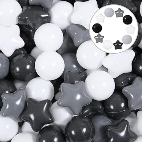 Star Pit Balls for Ball Pit -Black Gray White Star Balls BPA Free Phthalate Free Crush Proof Balls for Toddlers Baby Kids Party(50Balls+50Stars).