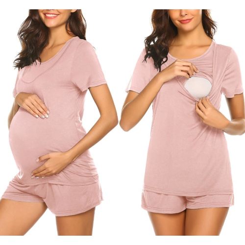 Ekouaer Maternity Nursing Pajamas Set Short Sleeve Breastfeeding Sleepwear Double Layer Postpartum Top and Shorts Set
