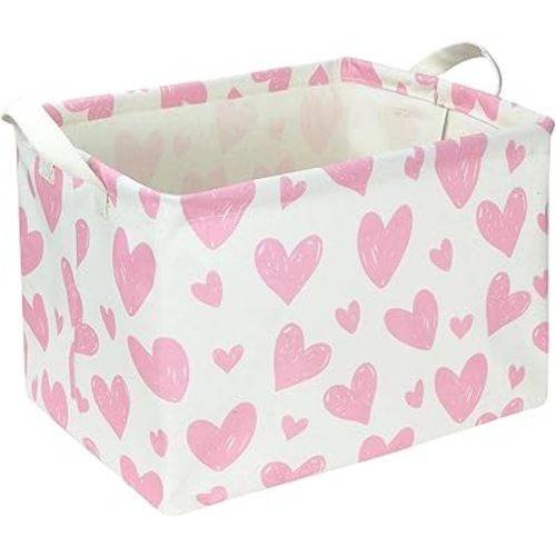 Rectangular Pink Heart Fabric Storage Basket, Books Box, Lovely Storage Trunk, Room Decor, Gift Basket(Pink Heart)