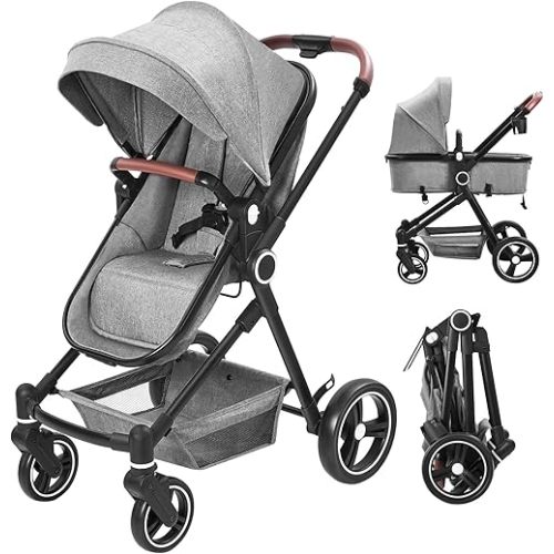 2-in-1 Baby Stroller Reversible Stroller, Bassinet with One-Hand Fold for Easy Access Stroller with Recliner and Extra Large Canopy - Light Grey