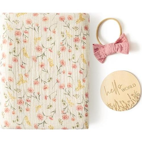 Little Jump Baby Muslin Swaddle Blankets for Girls, Newborn Swaddle Set with Matching Headband Bow, 47 x 47 inches Floral Print Hospital Home-Coming Baby Announcement Blanket.(Floral)