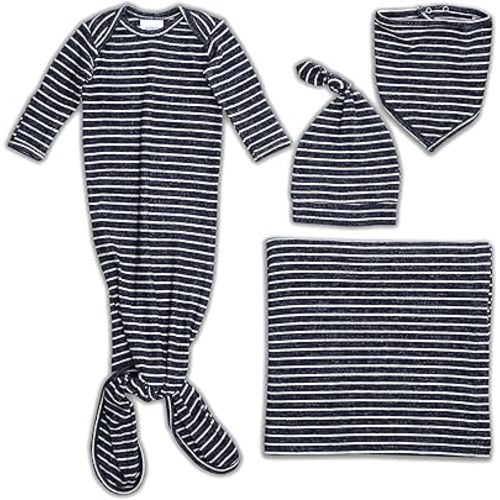 aden + anais Snuggle Knit Newborn Gift Set with Knotted Baby Gown, Swaddle Blanket, Infant Hat, and Bandana Bib, 0-3 Months, Navy Stripe