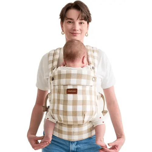 Momcozy Baby Carrier with Natural Cotton Linen, Built to Last, Ergonomic Design, Lightweight and Comfortable, Hands-Free for Moms&Dads, Brown Checkerboard